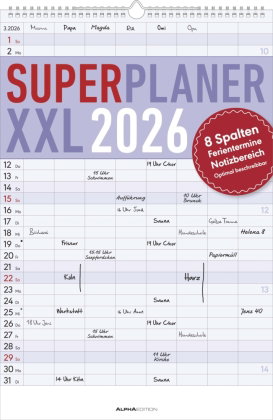 Alpha Edition - Superplaner XXL 8 Spalten 2026 - Familienkalender 34×49,5 cm mit 8 Spalten & Notizbe