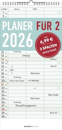 Alpha Edition - Planer für Zwei - Familienkalender 2026 - 22x45 cm - Familien-Timer mit 3 Spalten &