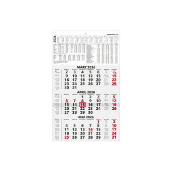 Zettler 3-Monatskalender schwarz/rot 2026 - Wandkalender 30 × 49 cm, 3 Monate pro Blatt mit Datumsch