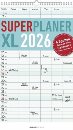Alpha Edition - Superplaner XL 6 Spalten 2026 - Familienkalender 26×45 cm mit 6 Spalten & Notizberei
