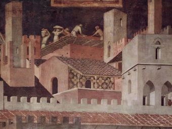 Ambrogio Lorenzetti - Auswirkungen der guten Regierung in der Stadt, Detail: Architektur (Bauwesen)