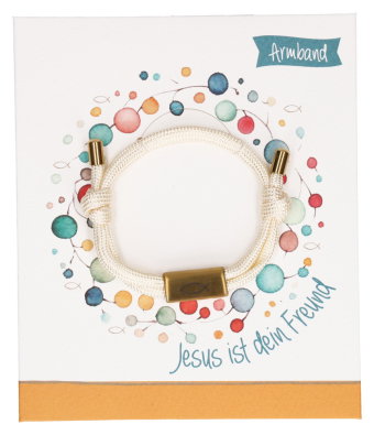 Hellbeiges Textilarmband mit goldfarbenem Fisch-Anhänger: Jesus ist dein Freund
