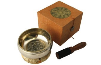 Dhyani-Klangschale (310 g) mit bedruckter Geschenkbox, Ring, Holz/Lederklöppel