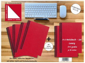 A 6 Notizbuch - Set, 4+2 gratis, Luxury 80 Seiten ROT JUPITER GLITTER-OPTIK, punktiert 10x10mm