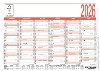 Zettler Arbeitstagekalender A6 2026 - Bürokalender kompakt 15 × 11 cm, 6 Monate pro Seite, Arbeitsta