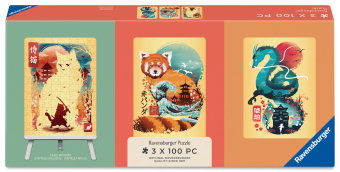 Minipuzzle-Trio 100 Teile - Ukiyo-e Katzenkrieger, Roter Panda & Drache