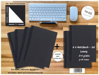 A 6 Notizbuch - Set, 4+2 gratis, Luxury 80 Seiten SCHWARZ ONYX GLITTER-OPTIK, to do