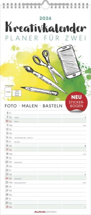 Alpha Edition - Kreativ-Kalender Planer für 2 - Bastelkalender 2026, 19,5×45 cm mit 3 Spalten - indi