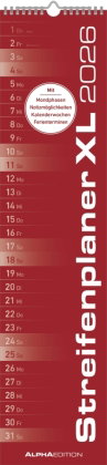 Alpha Edition - Streifenplaner XL Rot Kalender 2026 - 15x64 cm - Schmaler Wandplaner - Einspaltiger