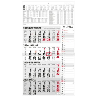 Zettler 4-Monatskalender Kombi 2026 - Wandkalender 33 × 59 cm mit Datumsschieber, 4 Monate pro Blatt