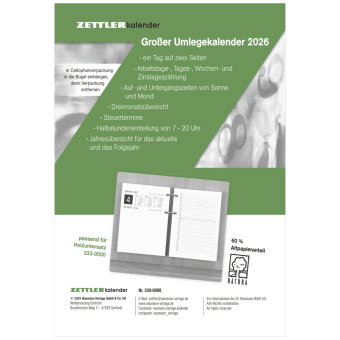 Zettler Umlegkalender 1T/2S 2026 - Tageskalender 10,5 x 14,2 cm mit 360 Seiten, Stundeneinteilung &