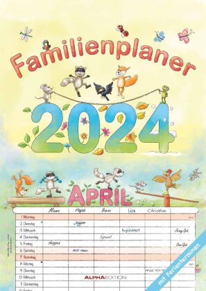Familienplaner Cartoon 2024 - Familienkalender A3 (29,7x42 cm) - mit 6 Spalten, Ferienterminen (DE/A