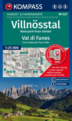 KOMPASS Wanderkarte 627 Villnösstal / Val di Funes, Naturpark Puez-Geisler / Parco Naturale Puez-Odl