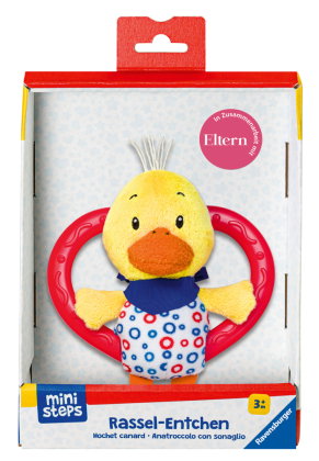 Ravensburger ministeps 4160 Rassel-Entchen, Babyrassel, Greifling mit Beißring, Baby Spielzeug ab 3