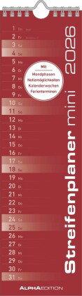 Alpha Edition - Streifenplaner Mini ROT Kalender 2026 - 9,5x33 cm - Küchenkalender für Singles, Paar
