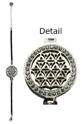 Armband "Blume des Lebens" Leder schwarz, Edelstahl mit Zirkonia