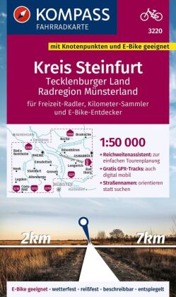 KOMPASS Fahrradkarte 3220 Kreis Steinfurt, Tecklenburger Land, Radregion Münsterland mit Knotenpunkt