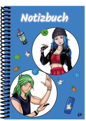 A 4 Notizbuch Manga Quinn und Enora, blau, blanko