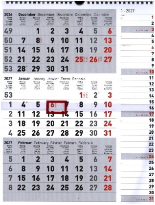 3-Monatskalender 2027, grau, 300×390 mm