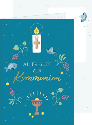 Grußkarte - Alles Gute zur Kommunion (petrol) mit Kreuz-Anhänger