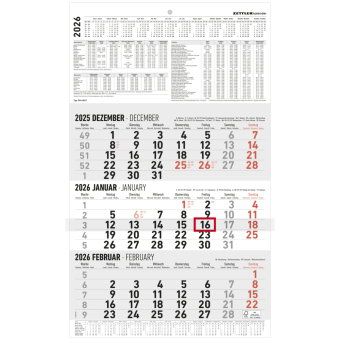 Zettler 3-Monatskalender groß 2026 - Wandkalender 30 × 49 cm, 3 Monate pro Blatt mit Datumsschieber,