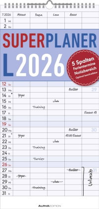 Alpha Edition - Superplaner L Familienkalender 2026 - 22x45 cm - Familien-Timer mit 5 Spalten & zusä