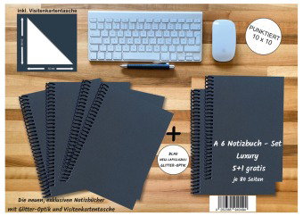 A 6 Notizbuch - Set, 4+2 gratis, Luxury 80 Seiten BLAU NEW LAPISLAZULI GLITTER-OPTIK, punktiert 10x1