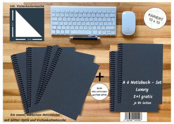A 6 Notizbuch - Set, 4+2 gratis, Luxury 80 Seiten BLAU NEW LAPISLAZULI GLITTER-OPTIK, kariert 10x10m