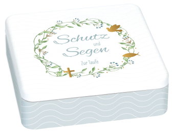 Geschenkset zur Taufe mit bedruckter Metalldose, wattiertem Geschenkbuch, Porzellan-Relief mit Band