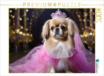 CALVENDO Puzzle Pekinese trägt pinkfarbenes Abendkleid mit Krone | 1000 Teile Lege-Größe 64x48cm Fot