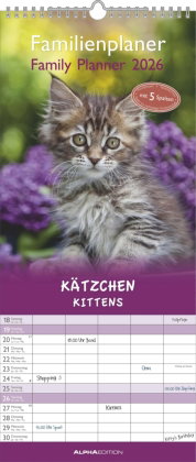 Alpha Edition - Kätzchen Familienkalender 2026 - Wandkalender 19,5×45 cm mit 5 Spalten & Feiertagen,