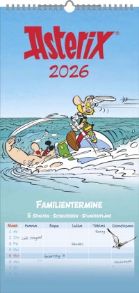 N Neumann - Asterix 2026 - Familienplaner 22x45 cm mit 5 Spalten, deutschem Kalendarium, Stundenplän