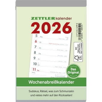 Zettler Wochenabreißkalender 2026 Typ 325 - Abreißkalender 11 × 15 cm, 1 Woche pro Seite mit Sudoku,