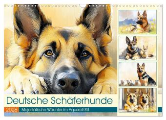 Deutsche Schäferhunde. Majestätische Wächter im Aquarell-Stil (Wandkalender 2026 DIN A3 quer), CALVE
