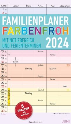 Familienplaner Farbenfroh 2024 mit 5 Spalten - Familienkalender 26x45 cm - Offset-Papier - mit Ferie