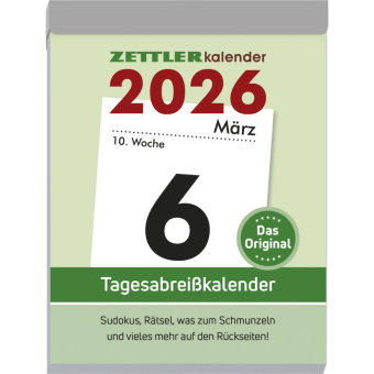 Zettler Tagesabreißkalender XL 2026 - Abreißkalender 8 × 11 cm, 1 Tag pro Seite mit Sudoku, Rezepten