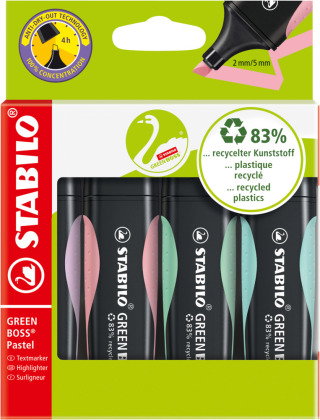 Umweltfreundlicher Textmarker - STABILO GREEN BOSS Pastel - 4er Pack - Hauch von Minzgrün, rosiges R
