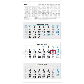Zettler 3-Monatskalender blau 2026 - Wandkalender 32 × 70 cm, 3 Blöcke à 12 Blatt, 1 Monat pro Blatt