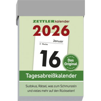 Zettler Tagesabreißkalender S 2026 - Abreißkalender 4 × 6 cm, 1 Tag pro Seite mit Sudoku, Rezepten,