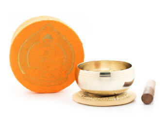 Klangschalen-Set in orangefarbiger Box m. Buddha-Aufdruck