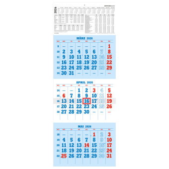 Zettler 3-Monatskalender blau/rot 2026 - Wandkalender 30 × 78 cm, 12 Blatt, 3 Monate auf 1 Blatt, mi