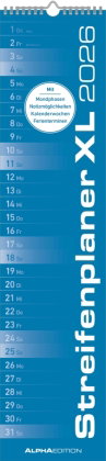 Alpha Edition - Streifenplaner XL Blau Kalender 2026 - 15x64 cm - Schmaler Wandplaner - Einspaltiger